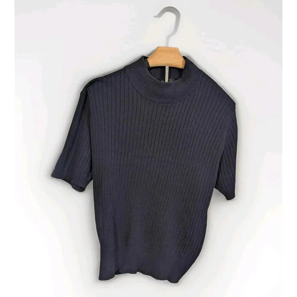 Laura Scott Size L Womens Blue Cotton Short Sleeve‎ Mock Pullover Sweater